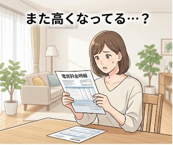 電気料金明細書を見て「また高くなってる…?」と焦る女性のイラスト