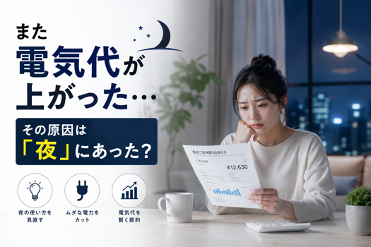 夜の部屋で電気料金の明細を見つめる女性と、「また電気代が上がった…その原因は“夜”にあった?」という節約訴求テキストを配置