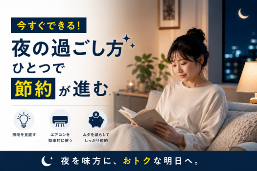 夜のリビングで本を読む女性と、「今すぐできる!夜の過ごし方ひとつで節約が進む」という節約訴求テキストを配置